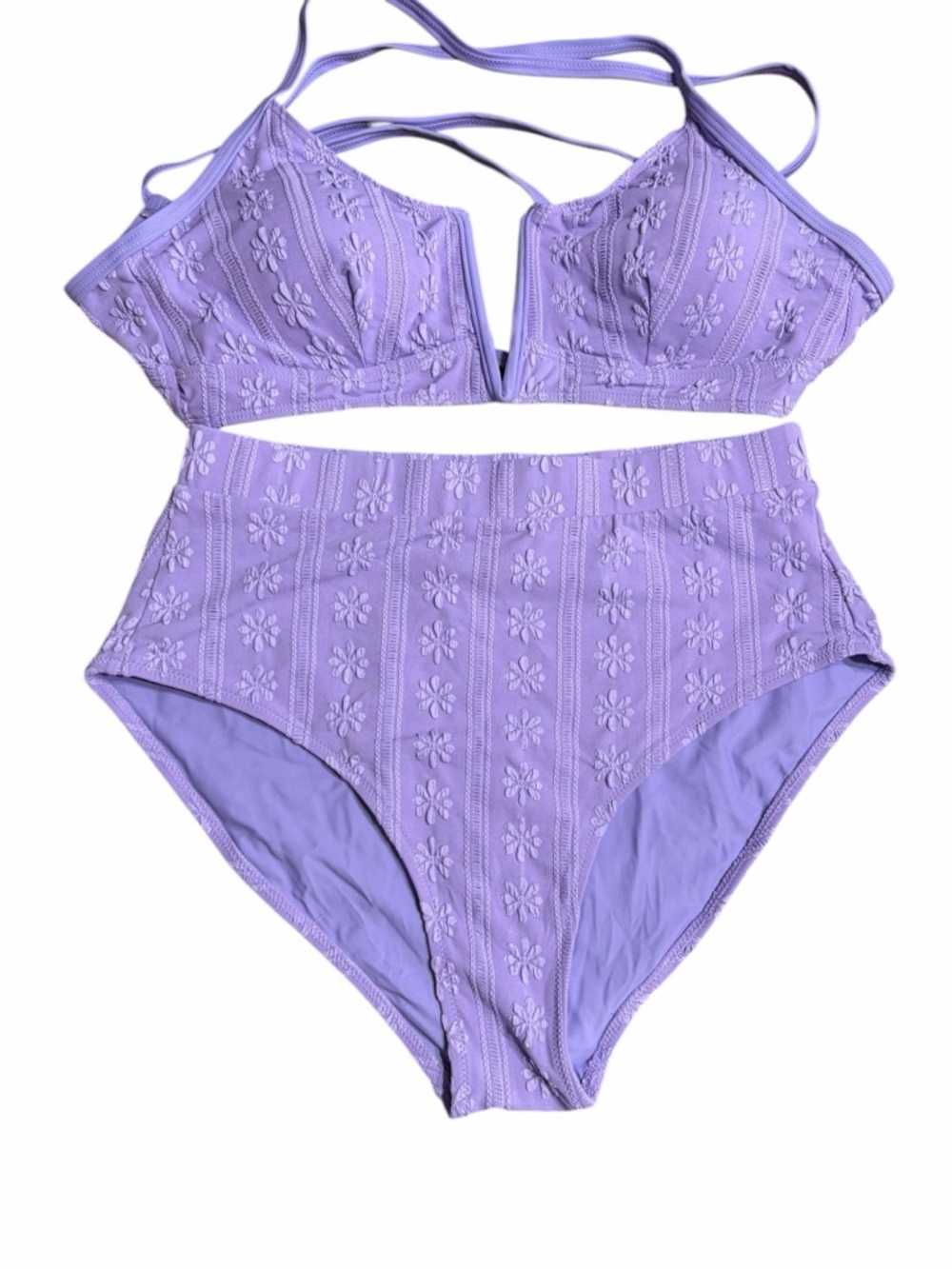 High-Waist Floral Textured Bikini Set - Lavender